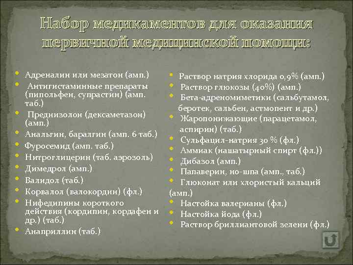 Набор медикаментов для оказания первичной медицинской помощи: • • • Адреналин или мезатон (амп.