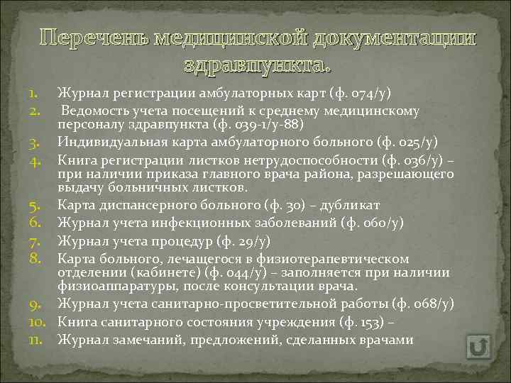 Перечень медицинской документации здравпункта. 1. 2. Журнал регистрации амбулаторных карт (ф. 074/у) Ведомость учета