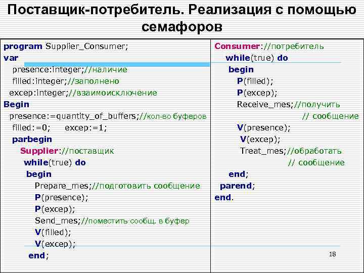 Поставщик-потребитель. Реализация с помощью семафоров program Supplier_Consumer; Consumer: //потребитель var while(true) do presence: integer;