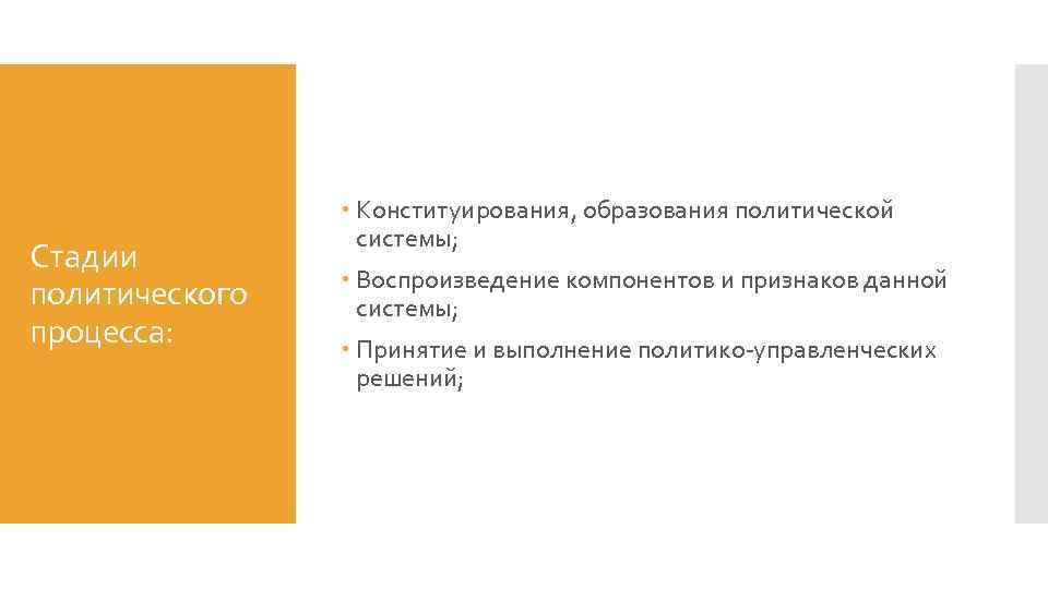 Стадии политического процесса: Конституирования, образования политической системы; Воспроизведение компонентов и признаков данной системы; Принятие