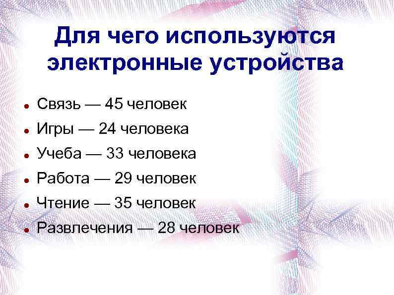 Для чего используются электронные устройства Связь — 45 человек Игры — 24 человека Учеба