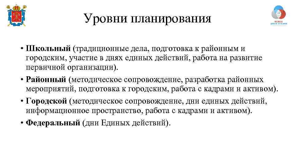 Уровни планирования • Школьный (традиционные дела, подготовка к районным и городским, участие в днях