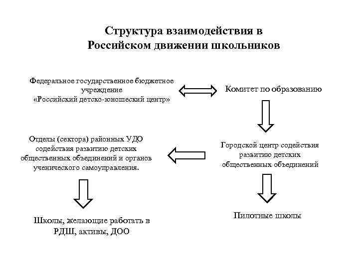 Структура взаимодействия в Российском движении школьников Федеральное государственное бюджетное учреждение «Российский детско-юношеский центр» Отделы