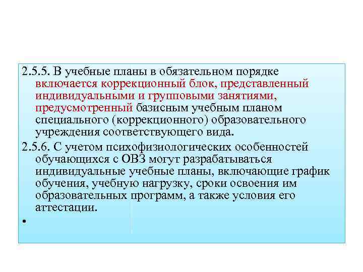 2. 5. 5. В учебные планы в обязательном порядке включается коррекционный блок, представленный индивидуальными