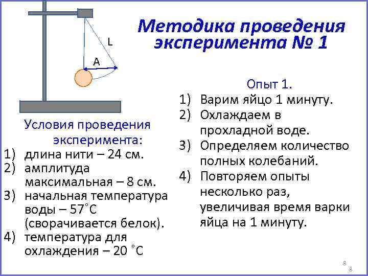 L А Методика проведения эксперимента № 1 1) 2) 3) 4) Условия проведения эксперимента: