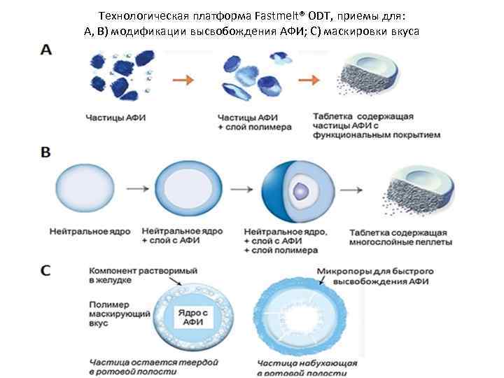 Технологическая платформа Fastmelt® ODT, приемы для: A, B) модификации высвобождения АФИ; C) маскировки вкуса