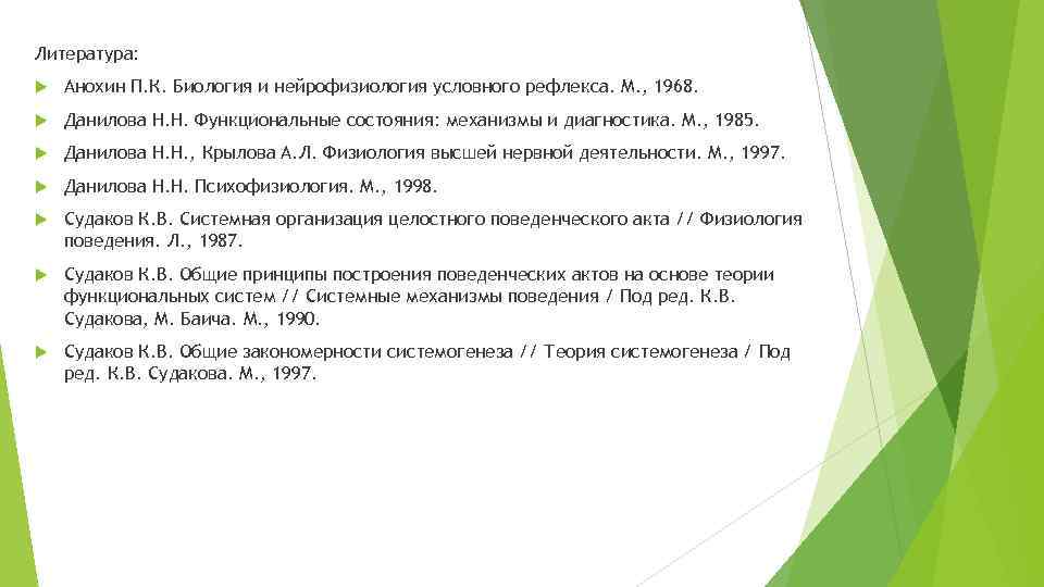 Литература: Анохин П. К. Биология и нейрофизиология условного рефлекса. М. , 1968. Данилова Н.