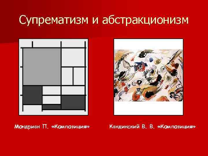 Супрематизм и абстракционизм Мондриан П. «Композиция» Кандинский В. В. «Композиция» 