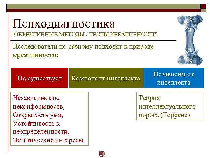 Психодиагностика ОБЪЕКТИВНЫЕ МЕТОДЫ / ТЕСТЫ КРЕАТИВНОСТИ Исследователи по разному подходят к природе креативности: Не