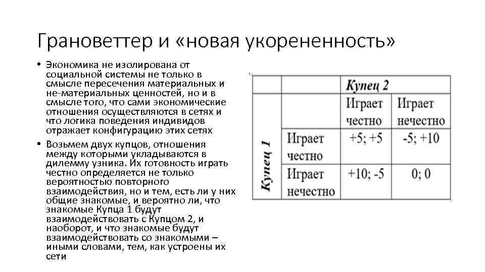 Грановеттер и «новая укорененность» • Экономика не изолирована от социальной системы не только в