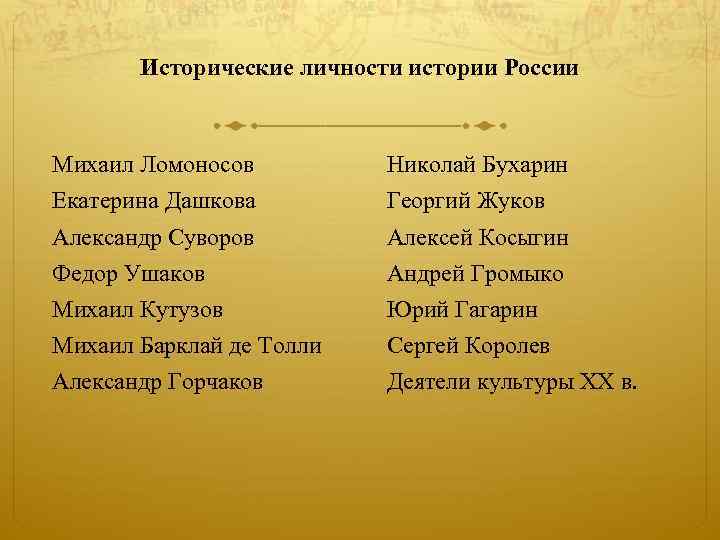 Исторические личности истории России Михаил Ломоносов Николай Бухарин Екатерина Дашкова Георгий Жуков Александр Суворов