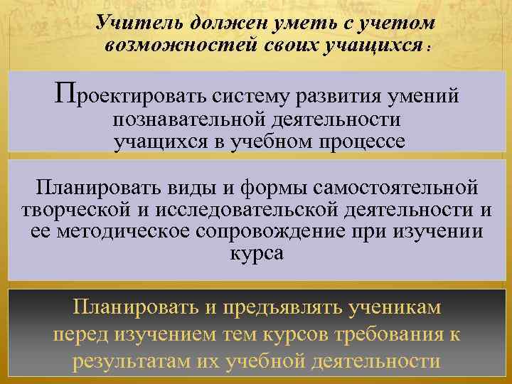 Учитель должен уметь с учетом возможностей своих учащихся : Проектировать систему развития умений познавательной