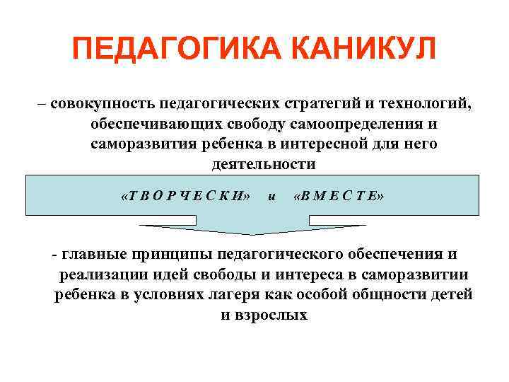 ПЕДАГОГИКА КАНИКУЛ – совокупность педагогических стратегий и технологий, обеспечивающих свободу самоопределения и саморазвития ребенка