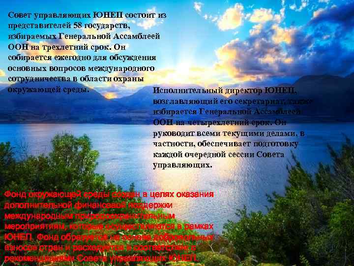 Совет управляющих ЮНЕП состоит из представителей 58 государств, избираемых Генеральной Ассамблеей ООН на трехлетний