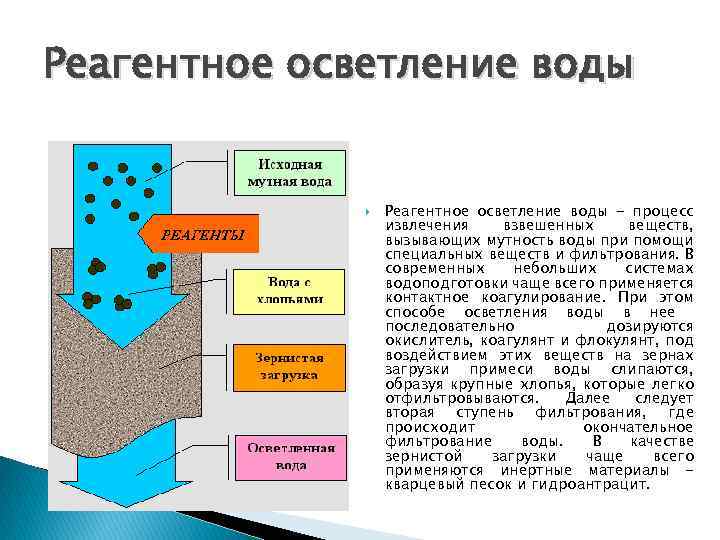 Реагентное осветление воды - процесс извлечения взвешенных веществ, вызывающих мутность воды при помощи специальных