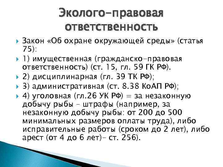 Эколого-правовая ответственность Закон «Об охране окружающей среды» (статья 75): 1) имущественная (гражданско-правовая ответственность) (ст.