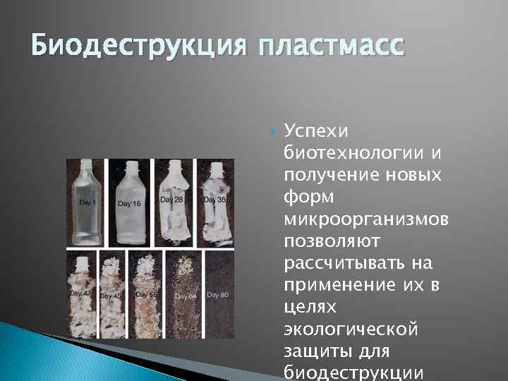 Биодеструкция пластмасс Успехи биотехнологии и получение новых форм микроорганизмов позволяют рассчитывать на применение их