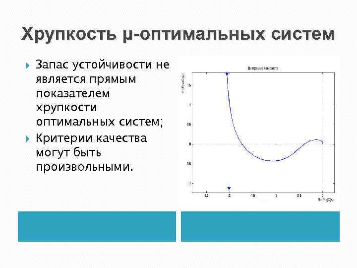 Хрупкость μ-оптимальных систем Запас устойчивости не является прямым показателем хрупкости оптимальных систем; Критерии качества