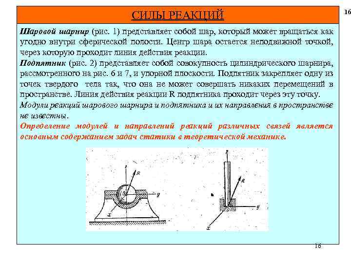 16 СИЛЫ РЕАКЦИЙ Шаровой шарнир (рис. 1) представляет собой шар, который может вращаться как