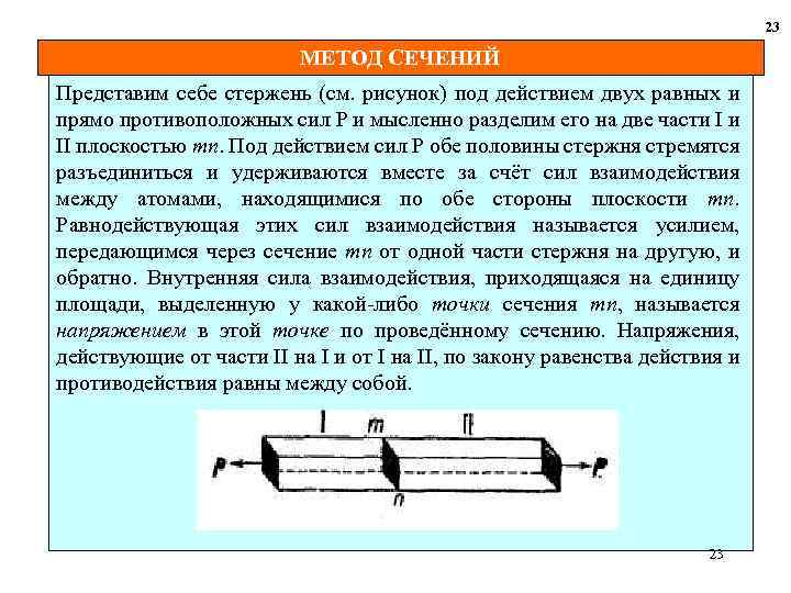 23 МЕТОД СЕЧЕНИЙ Представим себе стержень (см. рисунок) под действием двух равных и прямо