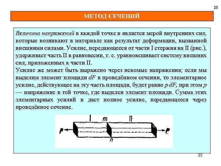 25 МЕТОД СЕЧЕНИЙ Величина напряжений в каждой точке и является мерой внутренних сил, которые