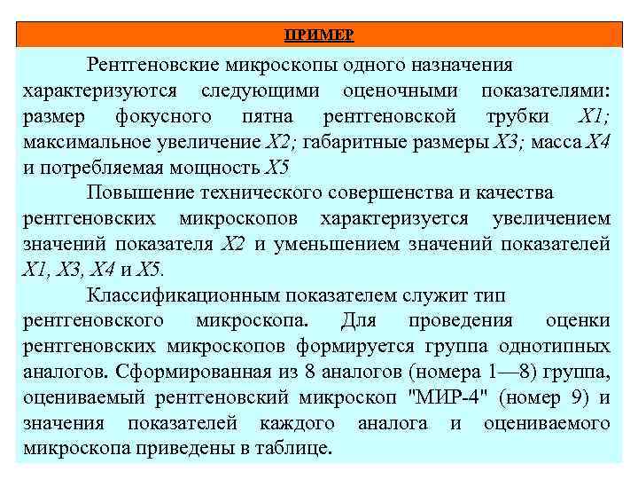 ПРИМЕР Рентгеновские микроскопы одного назначения характеризуются следующими оценочными показателями: размер фокусного пятна рентгеновской трубки
