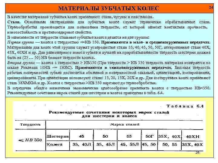 МАТЕРИАЛЫ ЗУБЧАТЫХ КОЛЕС 24 В качестве материалов зубчатых колес применяют: стали, чугуны и пластмассы.