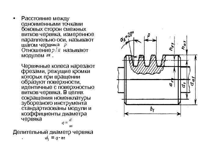  • Расстояние между одноименными точками боковых сторон смежных витков червяка, измеренное параллельно оси,