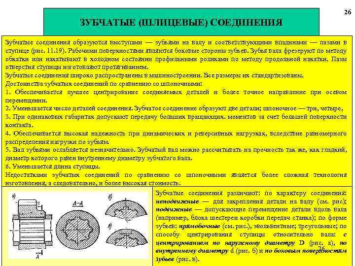 26 ЗУБЧАТЫЕ (ШЛИЦЕВЫЕ) СОЕДИНЕНИЯ Зубчатые соединения образуются выступами — зубьями на валу и соответствующими