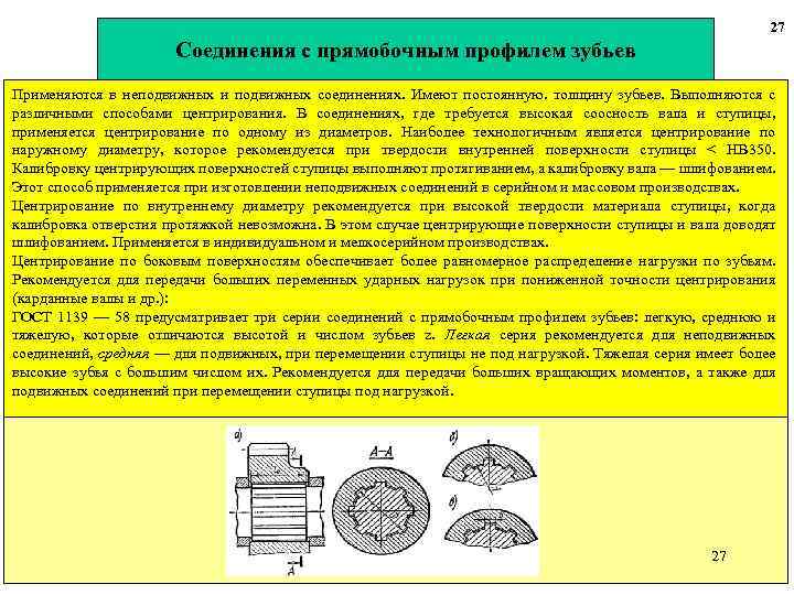 27 Соединения с прямобочным профилем зубьев Применяются в неподвижных и подвижных соединениях. Имеют постоянную.