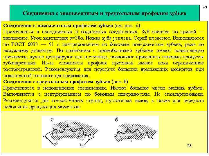 28 Соединения с эвольвентным и треугольным профилем зубьев Соединения с эвольвентным профилем зубьев (см.