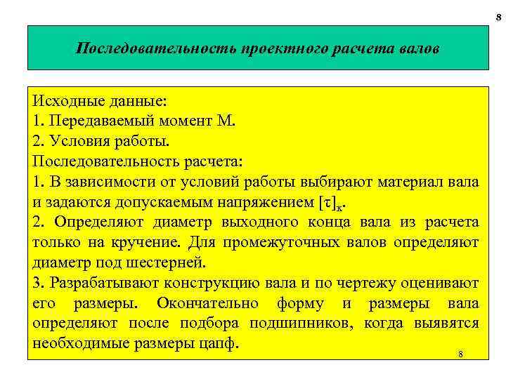 8 Последовательность проектного расчета валов Исходные данные: 1. Передаваемый момент М. 2. Условия работы.