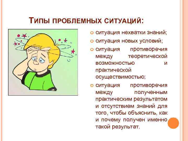 ТИПЫ ПРОБЛЕМНЫХ СИТУАЦИЙ: ситуация нехватки знаний; ситуация новых условий; ситуация противоречия между теоретической возможностью