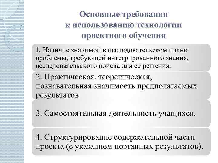 Основные требования к использованию технологии проектного обучения 1. Наличие значимой в исследовательском плане проблемы,