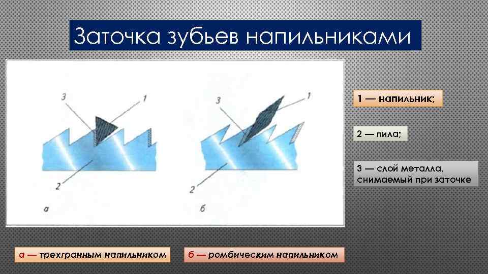 Заточка зубьев напильниками 1 — напильник; 2 — пила; 3 — слой металла, снимаемый