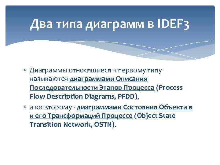 Два типа диаграмм в IDEF 3 Диаграммы относящиеся к первому типу называются диаграммами Описания