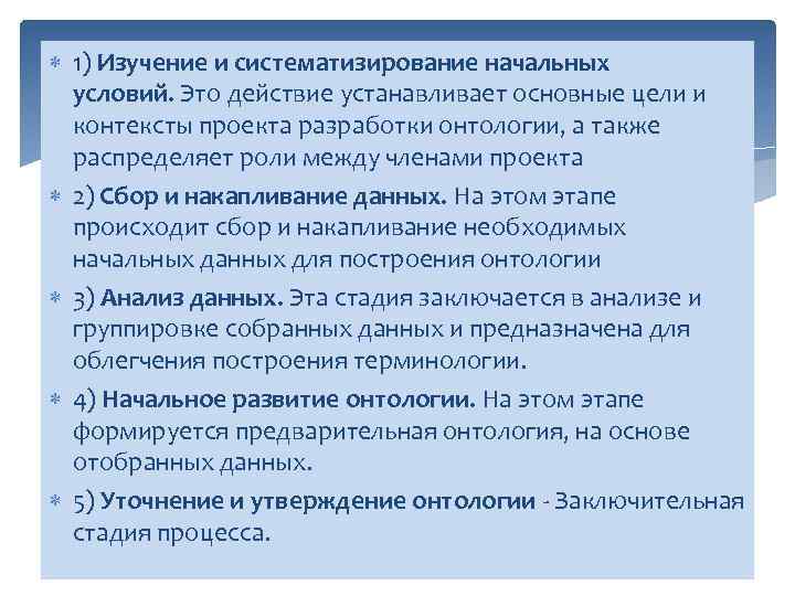  1) Изучение и систематизирование начальных условий. Это действие устанавливает основные цели и контексты