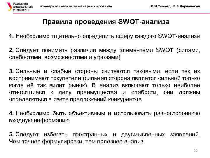 Коммерциализация инженерных проектов Л. М. Типнер, Е. В. Черепанова Правила проведения SWOT-анализа 1. Необходимо