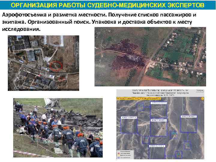 ОРГАНИЗАЦИЯ РАБОТЫ СУДЕБНО МЕДИЦИНСКИХ ЭКСПЕРТОВ Аэрофотосъемка и разметка местности. Получение списков пассажиров и экипажа.