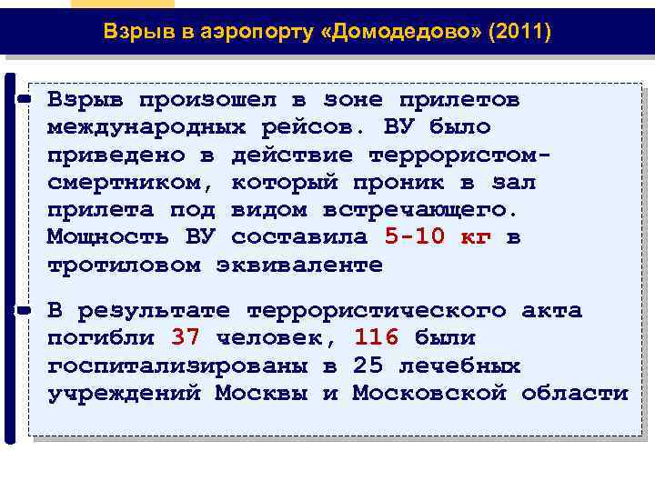 Взрыв в аэропорту «Домодедово» (2011) Взрыв произошел в зоне прилетов международных рейсов. ВУ было