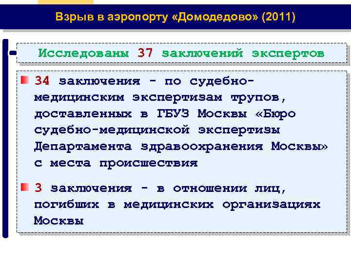 Взрыв в аэропорту «Домодедово» (2011) Исследованы 37 заключений экспертов 34 заключения - по судебномедицинским