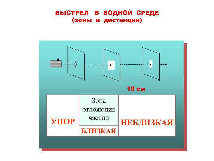 ВЫСТРЕЛ В ВОДНОЙ СРЕДЕ (зоны и дистанции) 10 см УПОР Зона отложения частиц БЛИЗКАЯ