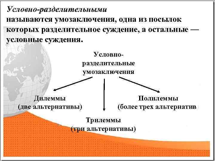 Условно-pазделительными называются умозаключения, одна из посылок которых разделительное суждение, а остальные — условные суждения.