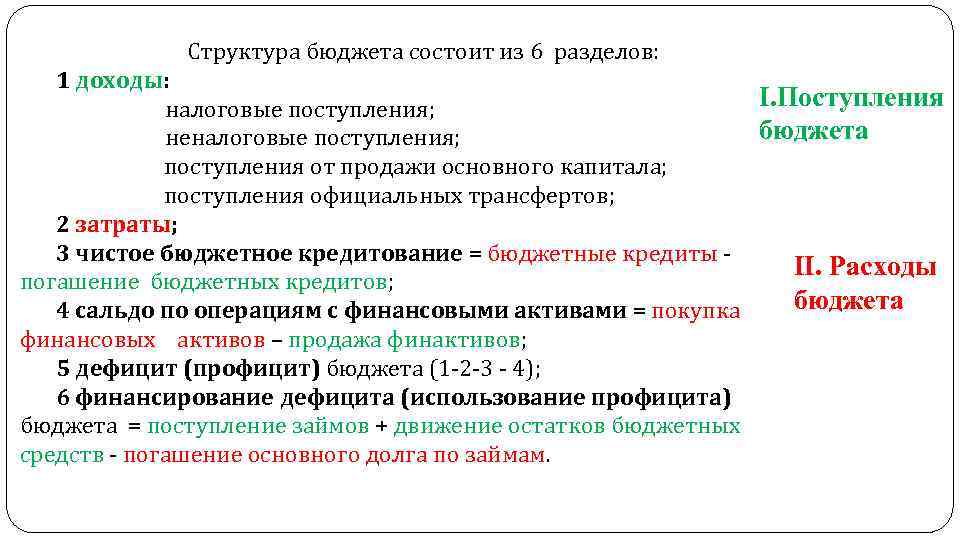 Структура бюджета состоит из 6 разделов: 1 доходы: І. Поступления налоговые поступления; бюджета неналоговые