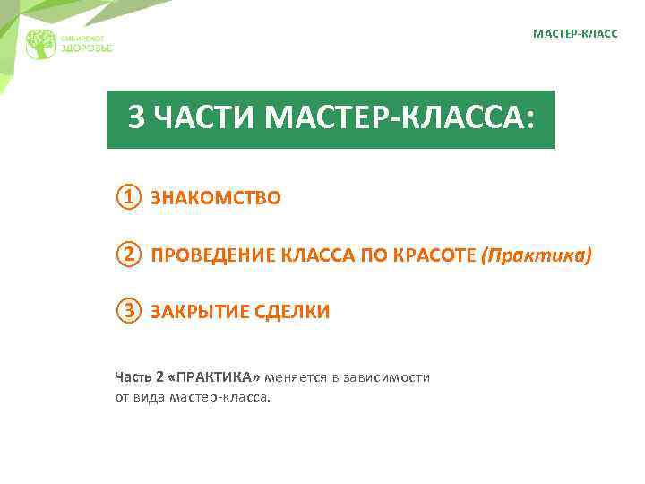 МАСТЕР-КЛАСС 3 ЧАСТИ МАСТЕР-КЛАССА: ① ЗНАКОМСТВО ② ПРОВЕДЕНИЕ КЛАССА ПО КРАСОТЕ (Практика) ③ ЗАКРЫТИЕ