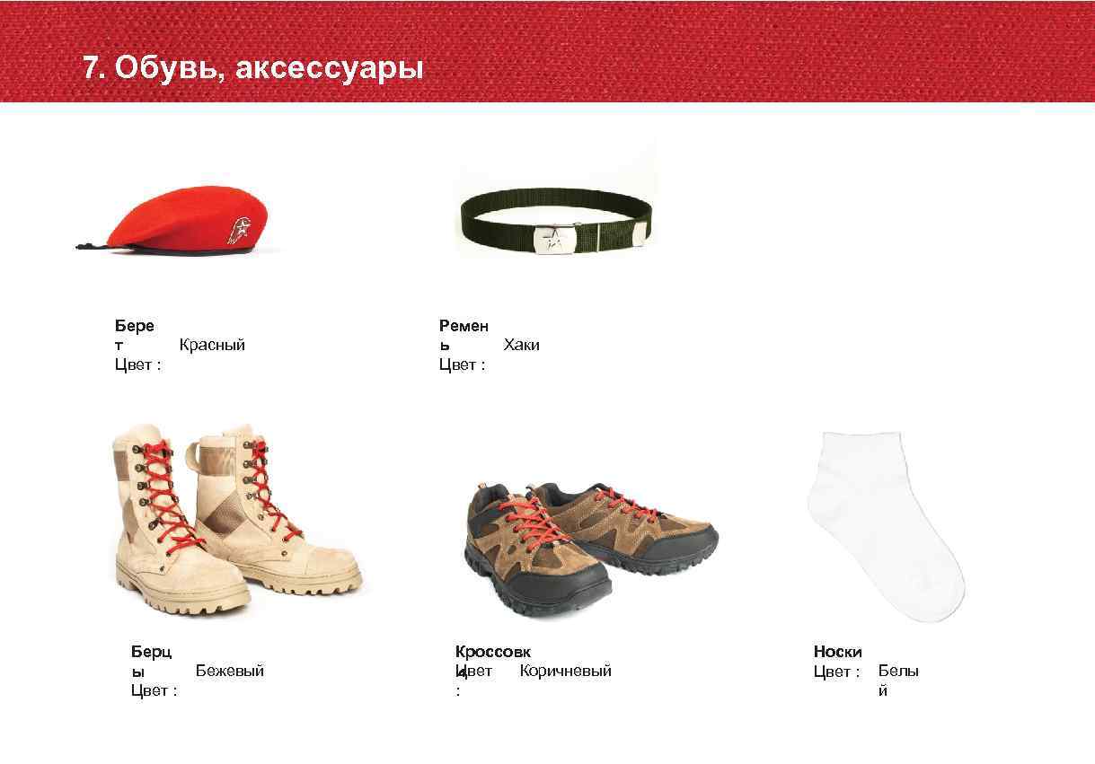 7. Обувь, аксессуары Бере т Цвет : Берц ы Цвет : Красный Бежевый Ремен