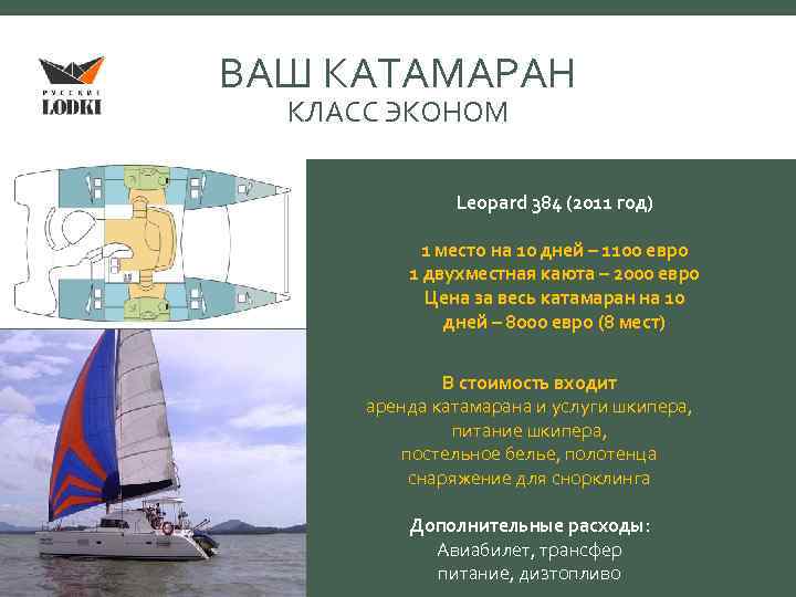 ВАШ КАТАМАРАН КЛАСС ЭКОНОМ Leopard 384 (2011 год) 1 место на 10 дней –