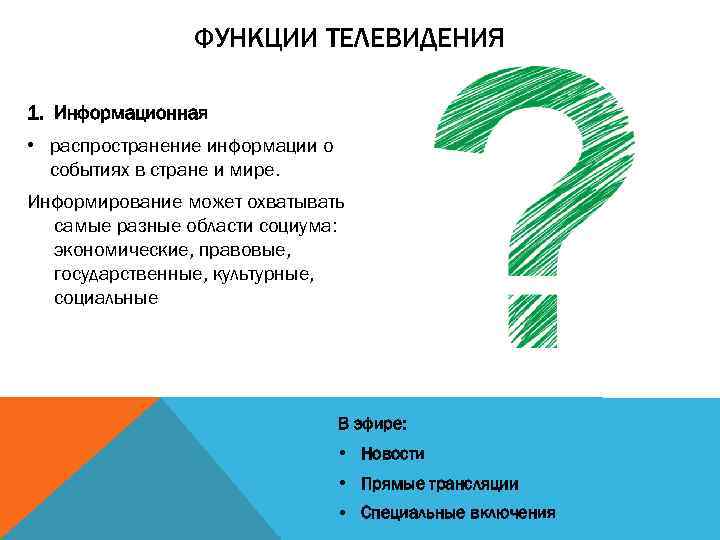 ФУНКЦИИ ТЕЛЕВИДЕНИЯ 1. Информационная • распространение информации о событиях в стране и мире. Информирование