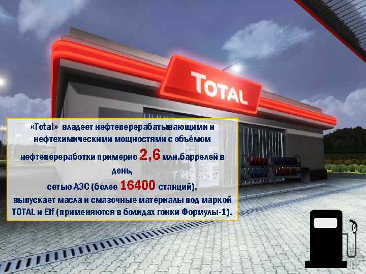  «Total» владеет нефтеперерабатывающими и нефтехимическими мощностями с объёмом нефтепереработки примерно день, 2, 6