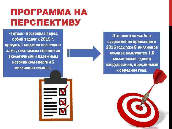 ПРОГРАММА НА ПЕРСПЕКТИВУ «Тоталь» поставила перед собой задачу к 2015 г. продать 1 миллион